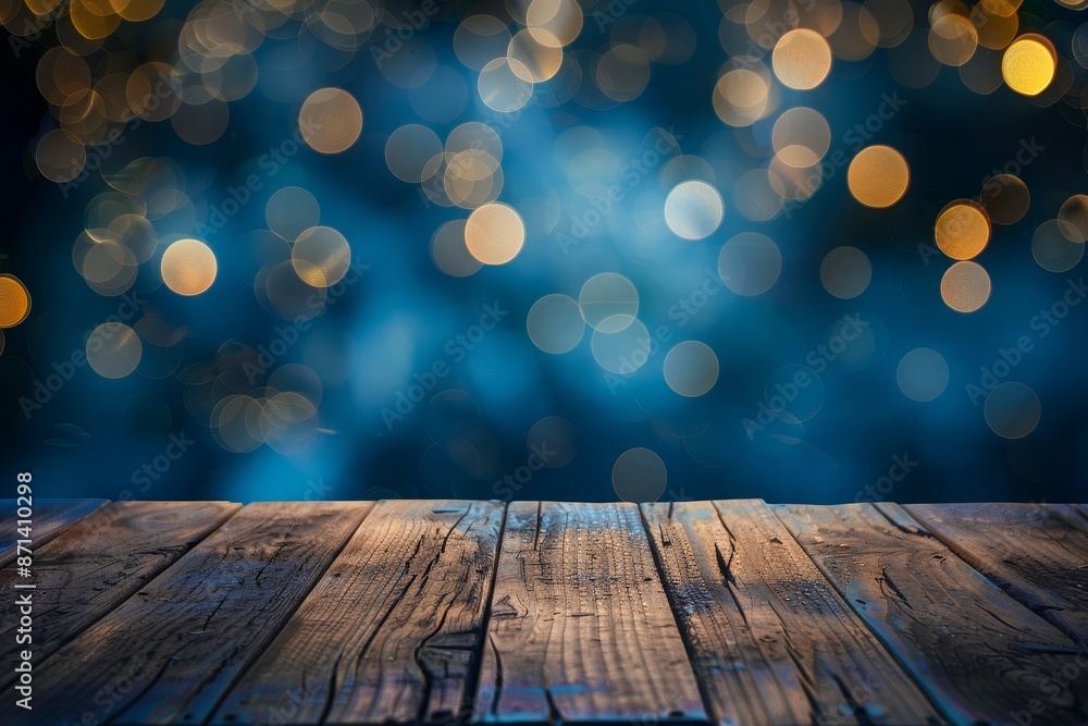 Poster empty brown wooden floor or wood board table with blurred abstract night light bokeh background, copy space for display of product or object presentation
