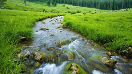 Gentle stream flowing through a lush meadow, meadow stream, calming nature