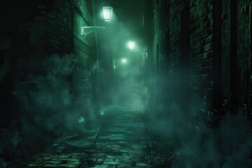 Obraz premium Eerie fog-filled alley illuminated by dim green street lights, bricks and cobblestone creating a mysterious, spooky atmosphere.
