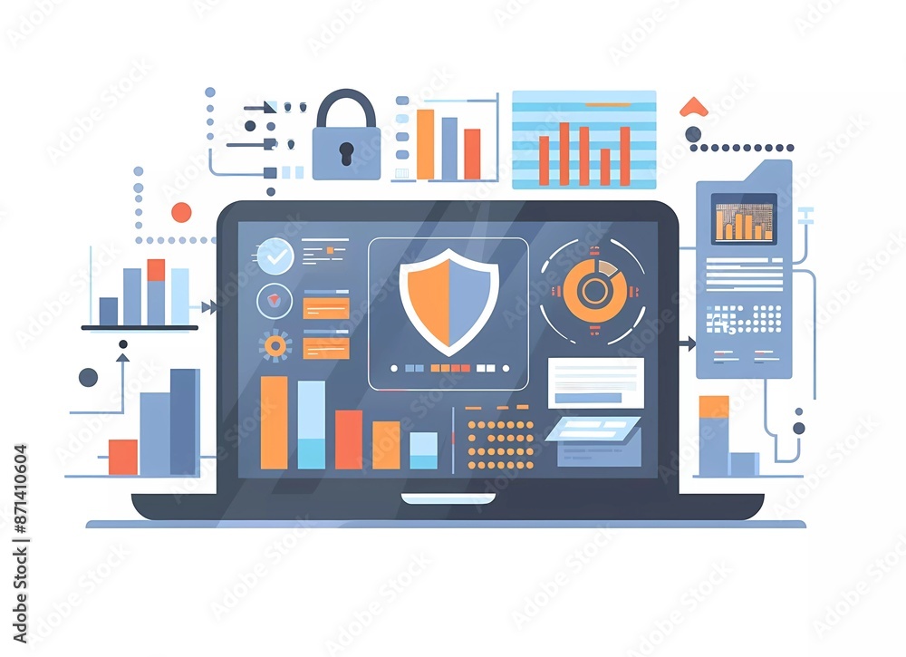Poster flat vector illustration of an open laptop with a security shield and financial charts on the screen