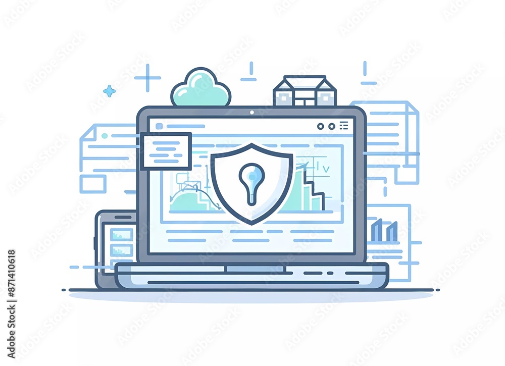Poster flat vector illustration of an open laptop with a security shield and financial charts on the screen