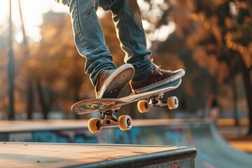 Boy in ripped jeans and white sneakers is captured mid-air while performing a skateboard trick at the skatepark, highlights the dedication and skill involved in skateboarding.