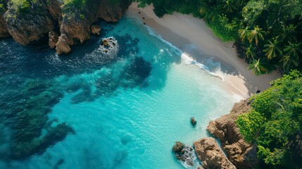 paradise beach bird-eye view with turquoise waters and white sand