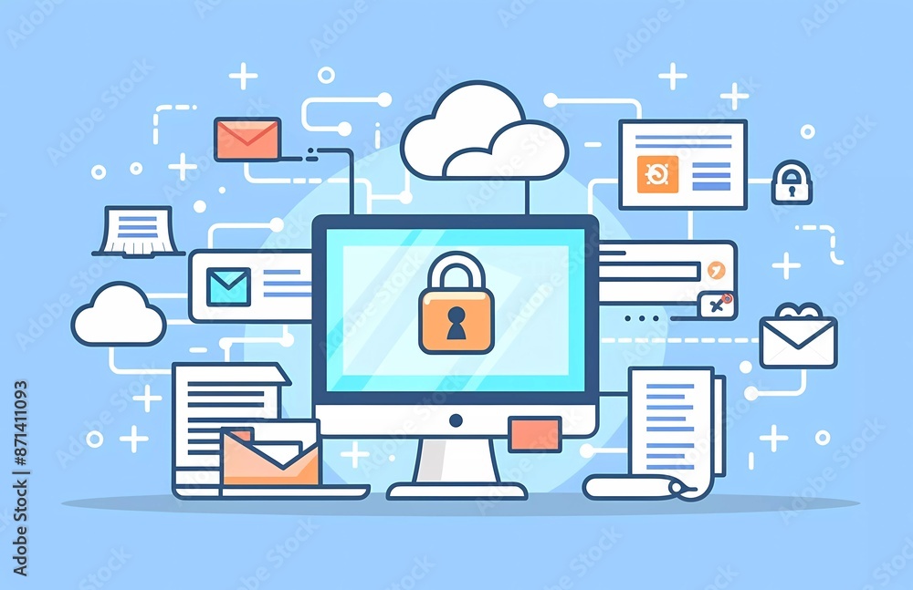 Poster flat vector illustration of digital security, showing a computer screen with padlock and file icons 