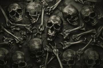 Dark, eerie arrangement of human skulls and bones creating a chilling atmosphere perfect for Halloween or gothic themes.