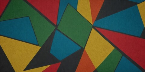 A close-up view of a colorful abstract geometric painting with black outlines, featuring red, yellow, green, blue, and black