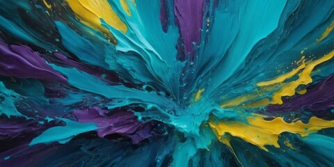 Abstract oil painting featuring swirls of blue, yellow, and purple paint