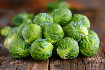 Bunch of Brussels sprouts on wooden table. Generative AI