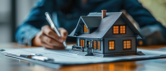 Real estate agent or realtor signing mortgage agreement for new home with couple of happy young clients Concept of home loan and buying own property Close up of miniature house Gen