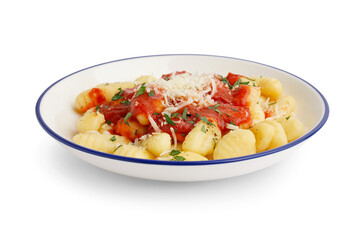 Plate of tasty gnocchi with tomato sauce and cheese on white background