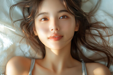 Beautiful young Asian woman long hair wearing gray tank top gently touching her face white background skin care concept beauty treatment advertising concept smilecore happy core style close up