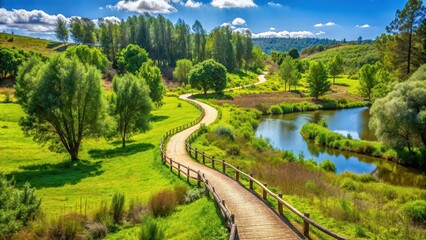 Fototapeta premium Beautiful natural park in Ovar, Portugal with lush greenery, winding trails, and peaceful surroundings, Bucaquinho, Natural Park