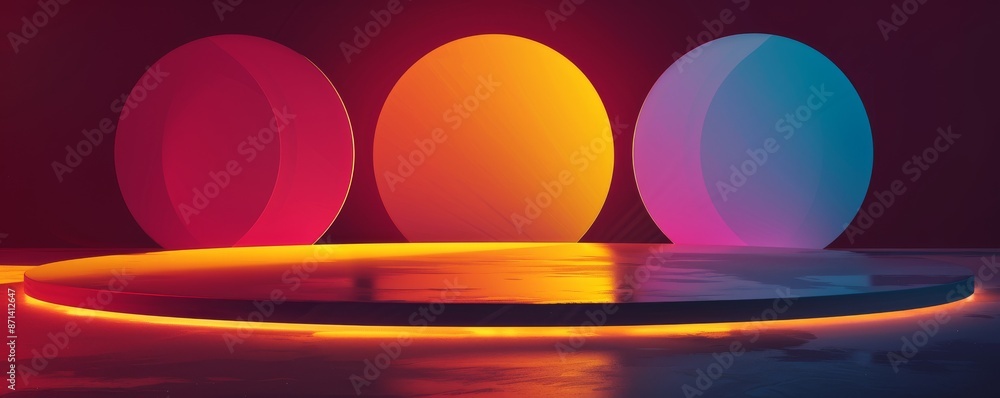 Poster abstract background with three colorful circles on illuminated round platform