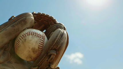 A worn baseball glove tightly gripping a baseball under a clear blue sky, capturing the essence of a sunny day at the ballpark.