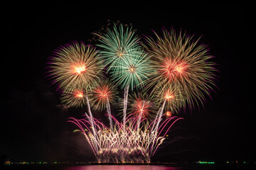PATTAYA, CHONBURI, THAILAND, Fireworks at Pattaya bay, Pattaya national Fireworks Festival contest,...