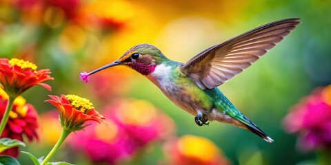 Naklejka premium Vibrant hummingbird feeding on a colorful flower in a garden, hummingbird, flower, nature, wildlife, vibrant, colorful