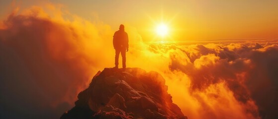Obraz premium Young hiker on mountain peak at sunrise, golden light, drone shot, epic style
