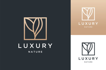 Minimalist ecology plants and flowers, leaf natural and square with a line logo design