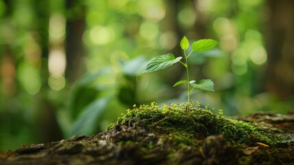 Green forest scene with small plant growing out of log in center creating peaceful natural environment in wilderness 