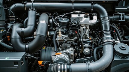 Semi-truck engine with visible turbochargers and cooling systems. 