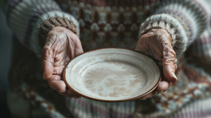 Fototapeta premium A pair of aged hands holding an empty, rustic plate, set against a background of a cozy knitted sweater.