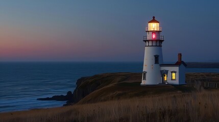 A lighthouse is on a hill overlooking the ocean