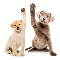 Obraz premium Adorable puppy and kitten sitting side by side, giving a high five on a white background