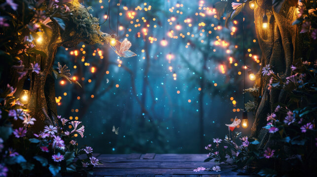 Enchanted Forest Birthday Celebration Background with Fairy Lights and Personalized Message Space