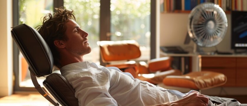 A person is seen taking a break in a home office with a fan providing a much-needed breeze to counter the stifling heat The room's sleek and professional design adds to the sense of a well-balanced