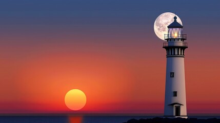 A lighthouse is lit up at night with a full moon in the background
