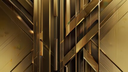 Luxurious gold metallic abstract background with sleek geometric shapes and reflective surfaces. Elegant design for high-end branding, tech, or luxury product imagery.