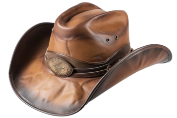 Elegant brown rodeo horse rider cowboy hat with leather band cut out, isolated, transparent background - PNG. Retro classic style western headwear.
