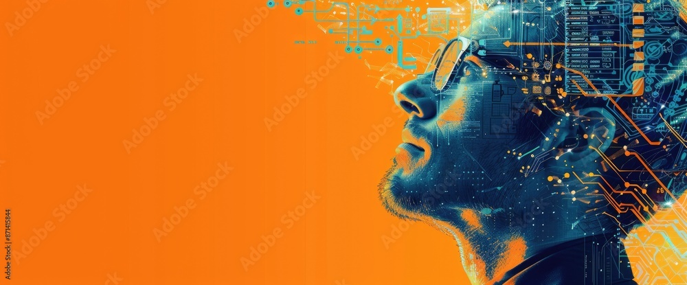 Poster the image shows a man looking up at an orange sky with a glowing circuit board pattern over his face