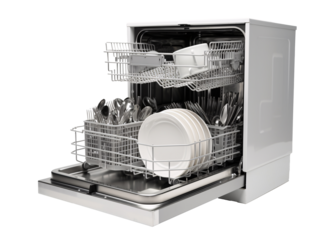 a dishwasher with plates and spoons