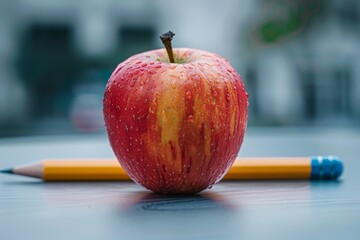 Close up of a red apple and pencil on a school desk
