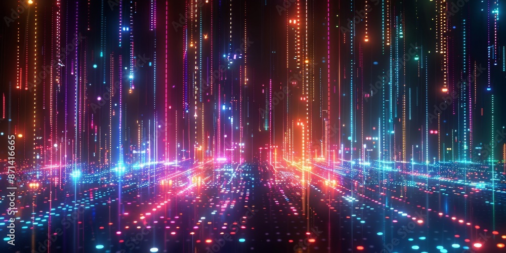 Poster sharp focus uhd 4k animation depicting a futuristic cityscape with dynamic neon light patterns