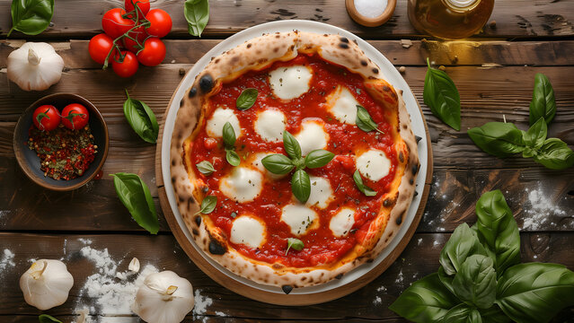 Margherita pizza with mozzarella and basil top view on the cozy wood table.