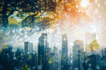 A surreal cityscape with a blend of nature and urban elements, featuring tall skyscrapers and vibrant foliage, bathed in warm sunlight.