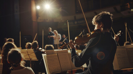Fototapeta premium Young musicians passionately playing violins in an orchestra, illuminated by stage lights, creating a dynamic and inspiring concert atmosphere.
