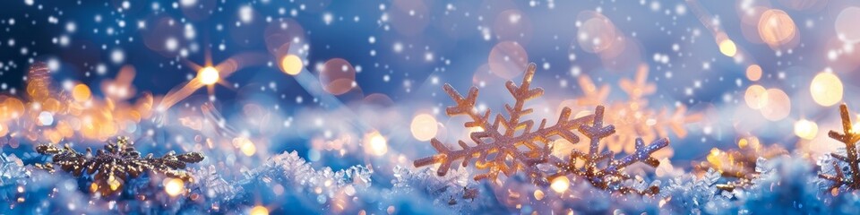 Fototapeta premium Festive Winter Wonderland Background with Delicate Snowflakes and Warm Fairy Lights. Perfect for Holiday Season, Christmas, Festive Atmosphere, End-of-Year Sales, Winter, New Year. AI-Generated HD Wal