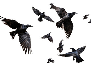 a group of black birds flying