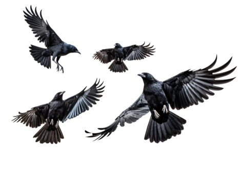 a group of black birds flying
