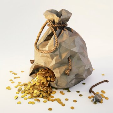 3D Render, Low Poly style of a pirate&rsquo;s loot bag with gold spilling out, on isolated white background, Generative AI