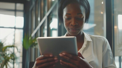 Fototapeta premium A focused professional uses a tablet in a modern office space, studying intently.