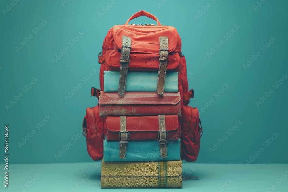 Poster red backpack stacked on top of a pile of books in a minimalist setting with a blue background
