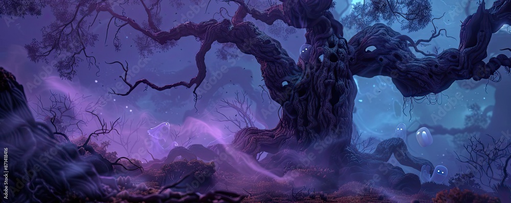 Poster enchanted forest with mystical glowing tree and magical light, creating an eerie yet beautiful scene