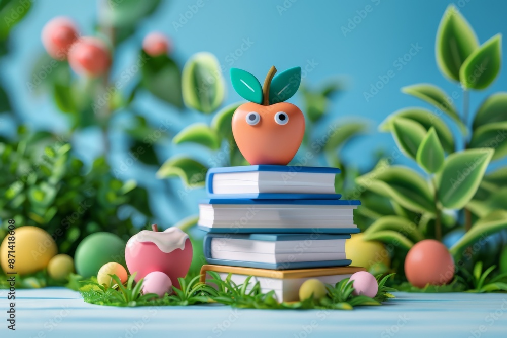 Poster decorative apple on a stack of books with plants in the background and soft lighting
