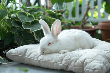 Cute white rabbit lying on a sleeping cushion
