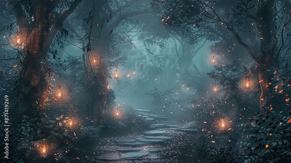 Poster Enchanting forest path illuminated by glowing lanterns, creating a mystical atmosphere in a woodland setting.