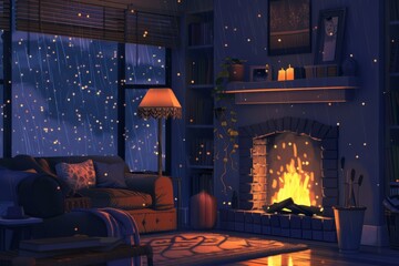Naklejka premium a cozy living room with a crackling fireplace and rain falling outside, providing warmth and relaxation on a chilly day. Cozy vibe, Generative AI 